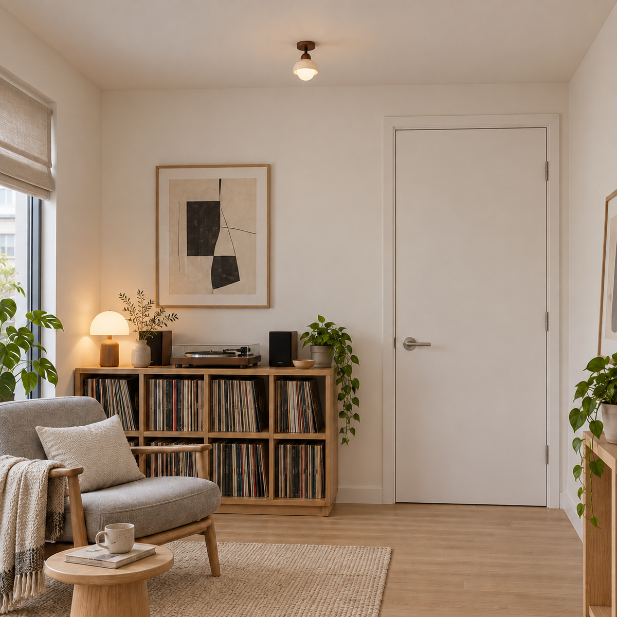 ABASHIRI realistic installation illustration with neutral contemporary walls and actual-size ceiling fixture