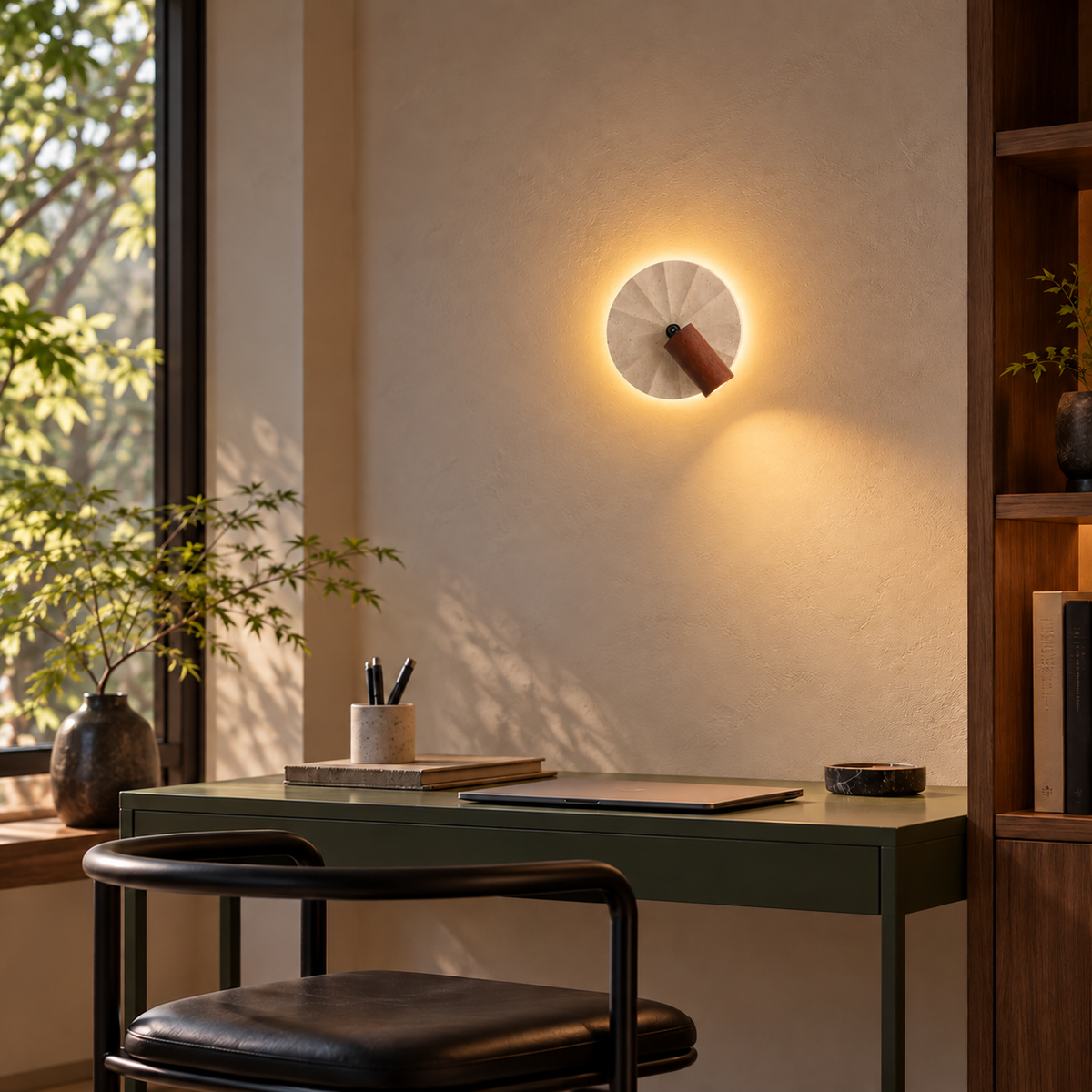 KOYAMA ASHIBETSU travertine wall light — scene-b with corrected installation scale