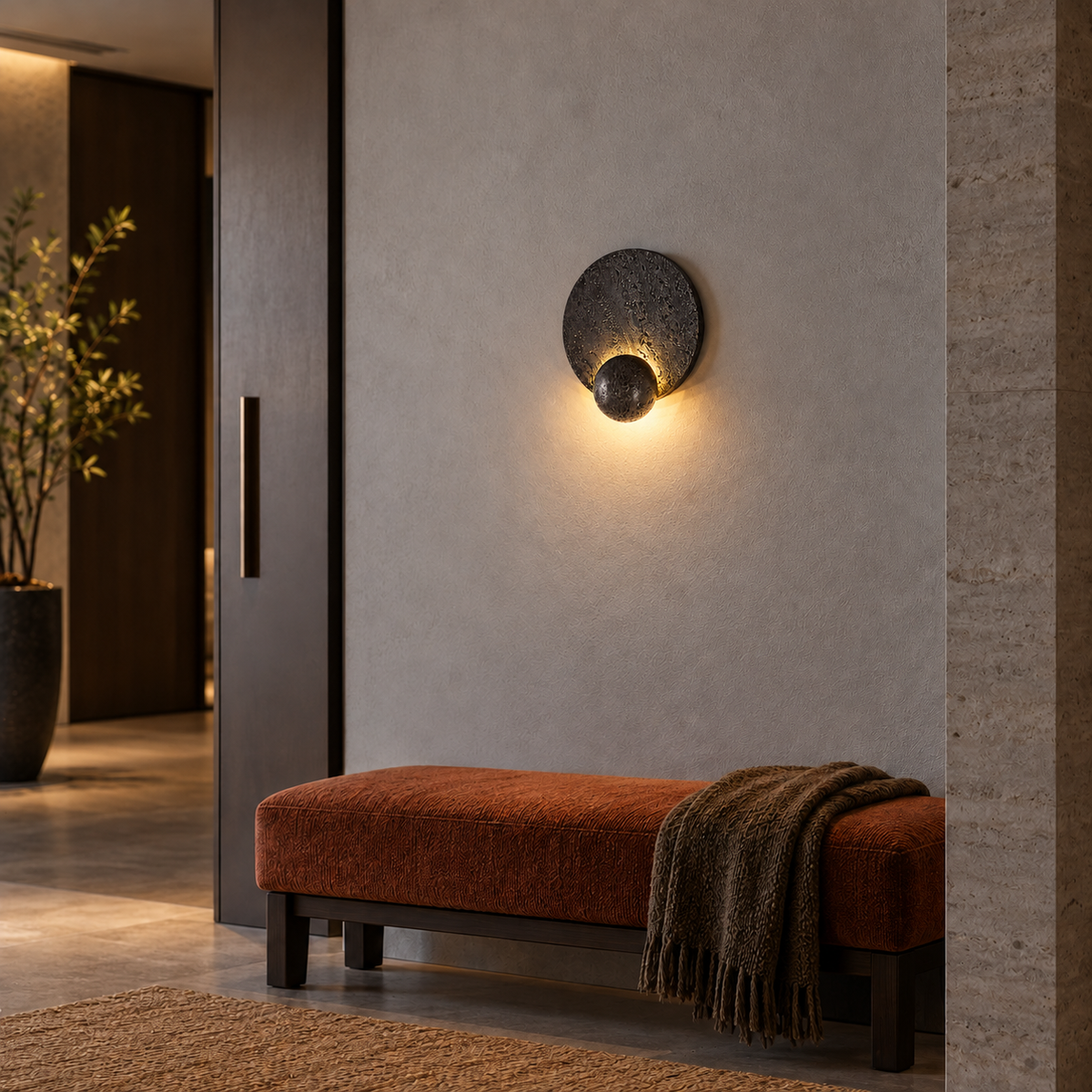 KOYAMA IWAMIZAWA travertine wall light — scene-b with corrected installation scale