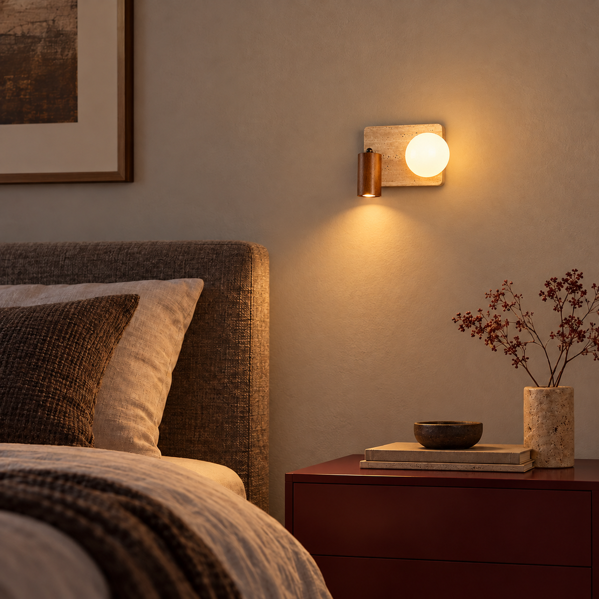KOYAMA TOYOKORO travertine wall light — scene-b with corrected installation scale