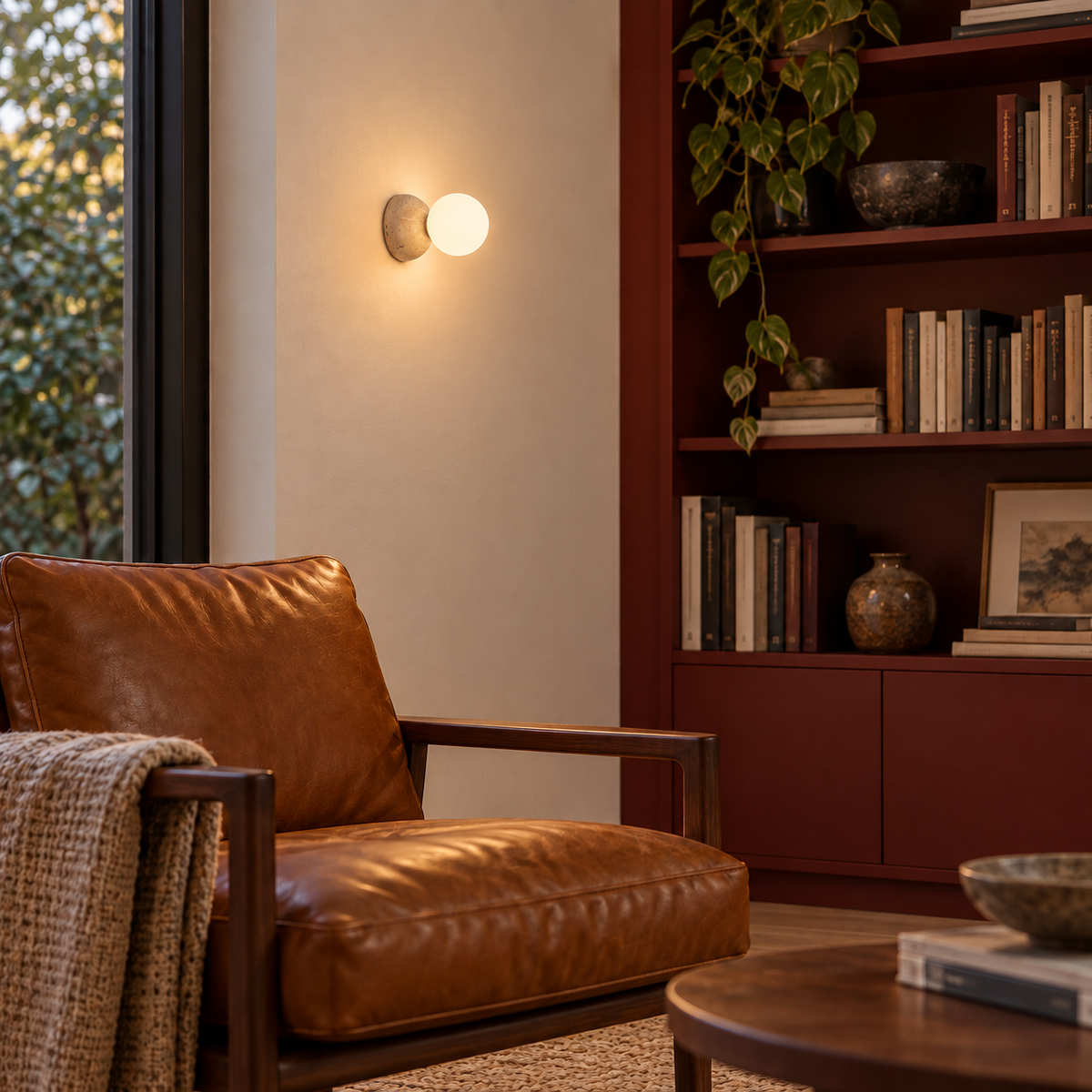 KOYAMA TOYOTOMI travertine wall light — scene-b with corrected installation scale