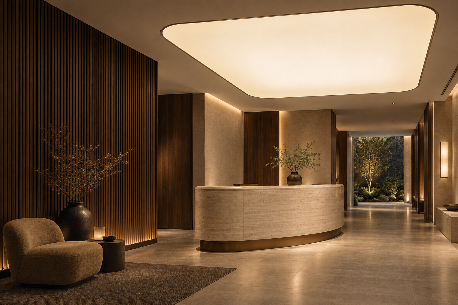 Luminous stretch ceiling in a refined reception space