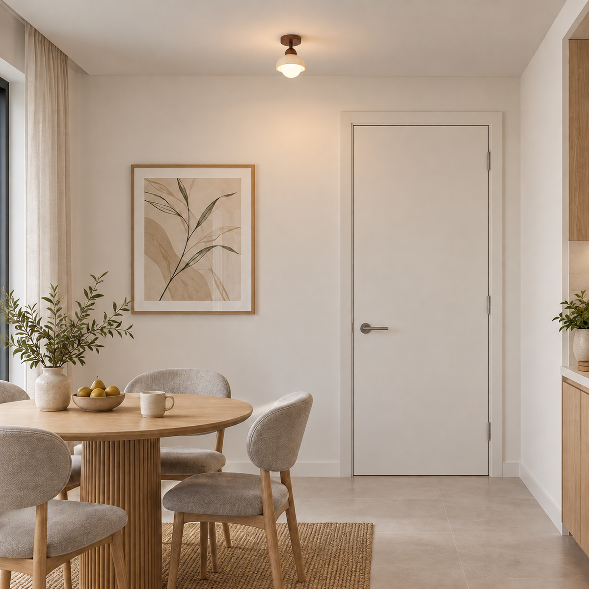 ABASHIRI realistic installation illustration with neutral contemporary walls and actual-size ceiling fixture