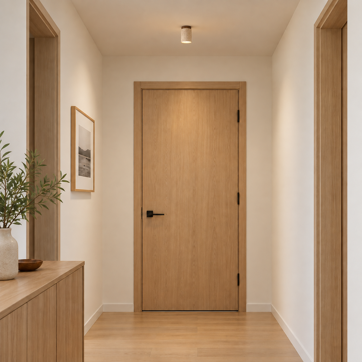 ASAHIKAWA realistic installation illustration with neutral contemporary walls and actual-size ceiling fixture