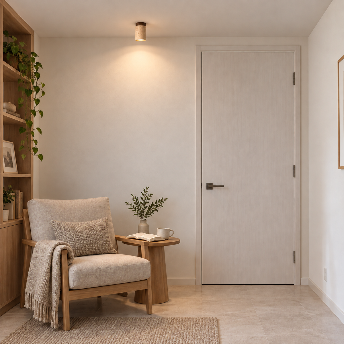 ASAHIKAWA realistic installation illustration with neutral contemporary walls and actual-size ceiling fixture