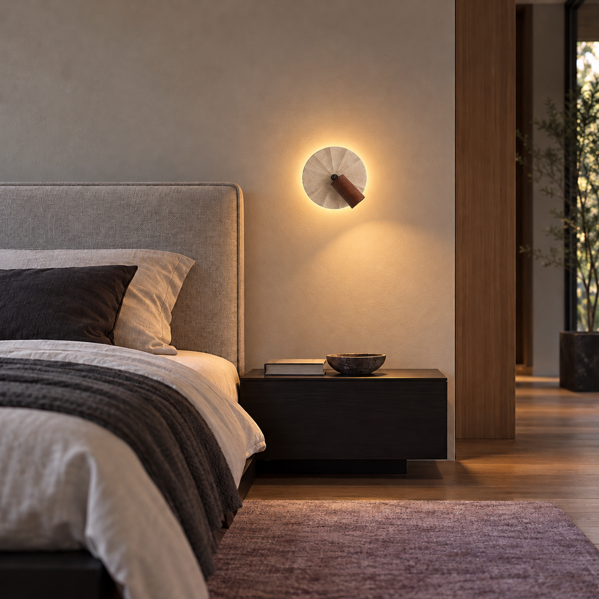 KOYAMA ASHIBETSU travertine wall light — scene-a with corrected installation scale