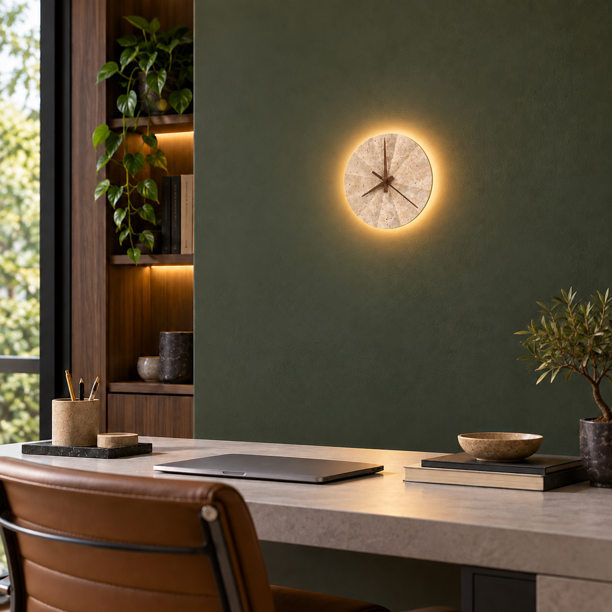 KOYAMA BIBAI travertine wall light — scene-a with corrected installation scale