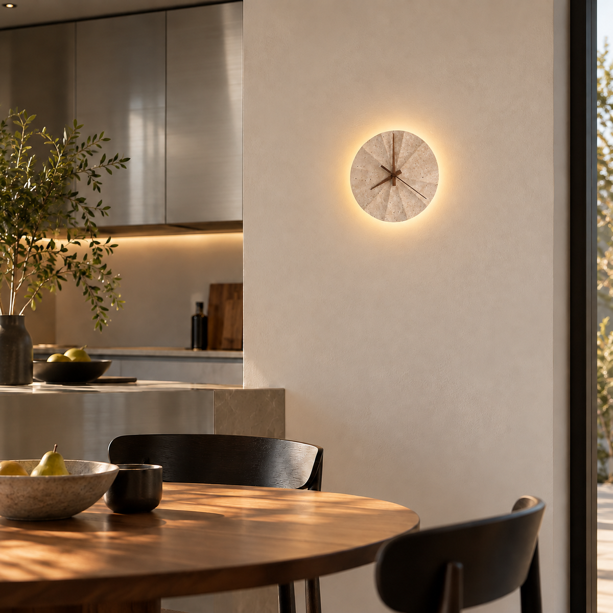 KOYAMA BIBAI travertine wall light — scene-b with corrected installation scale