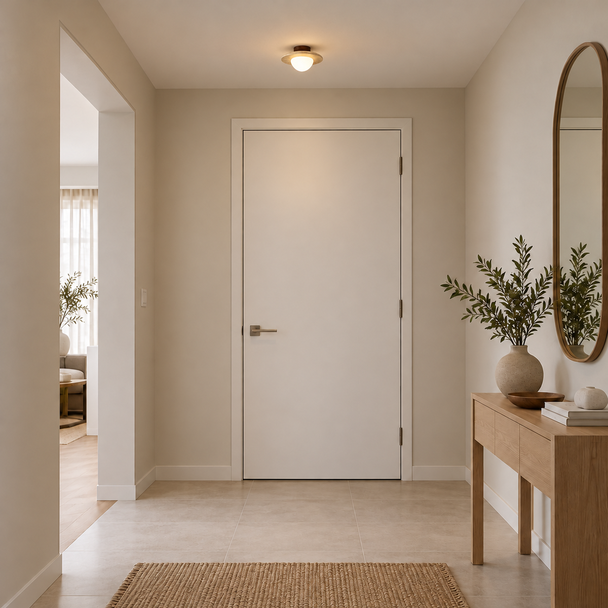 BIEI realistic installation illustration with neutral contemporary walls and actual-size ceiling fixture
