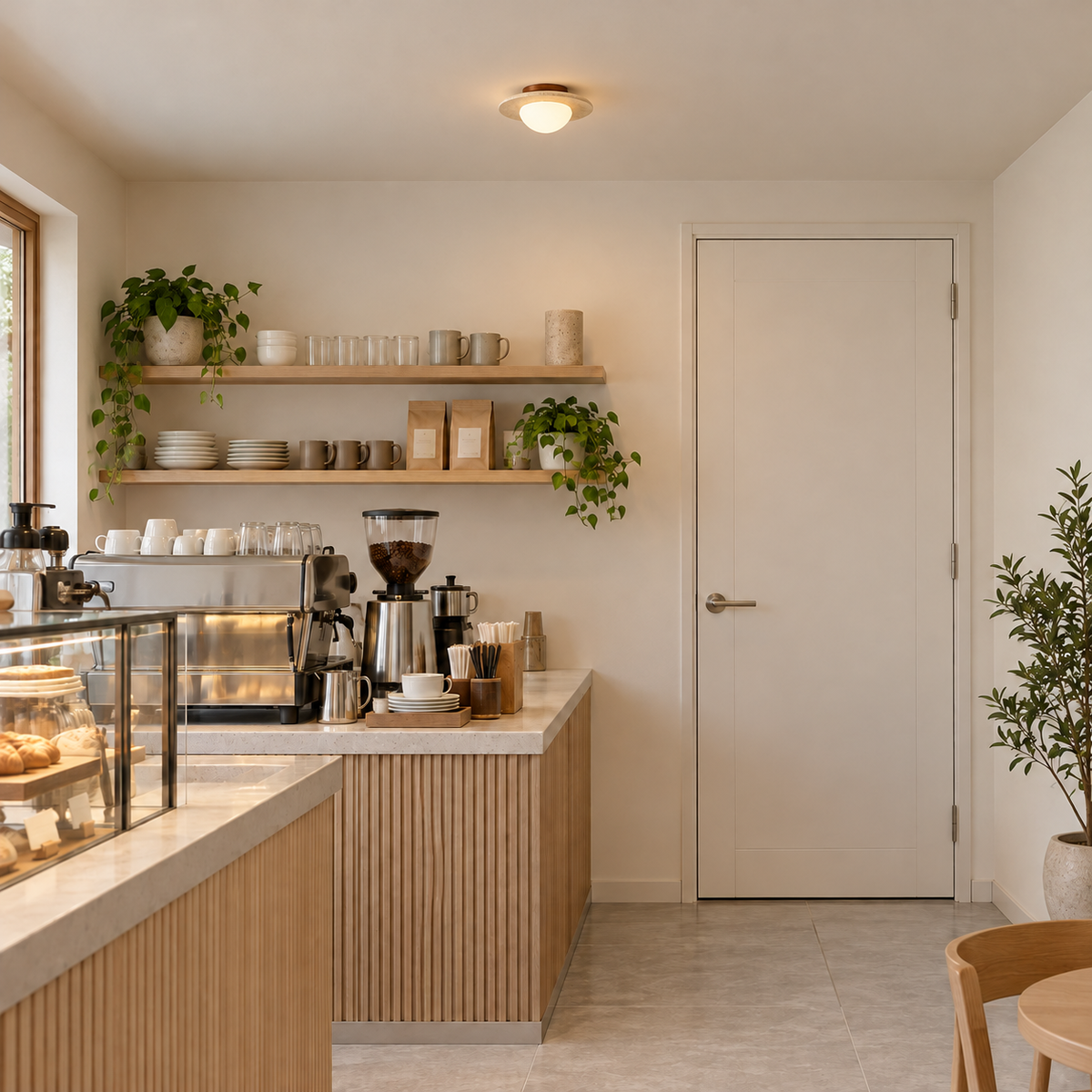 BIEI realistic installation illustration with neutral contemporary walls and actual-size ceiling fixture