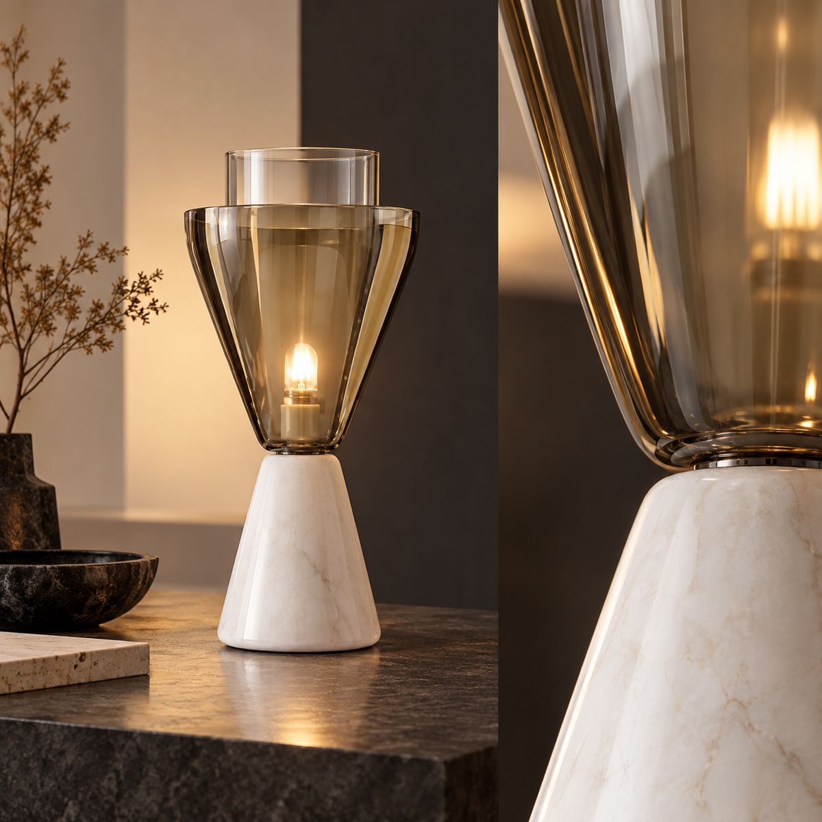 KOYAMA MIE Glass & Marble Hourglass Table Lamp