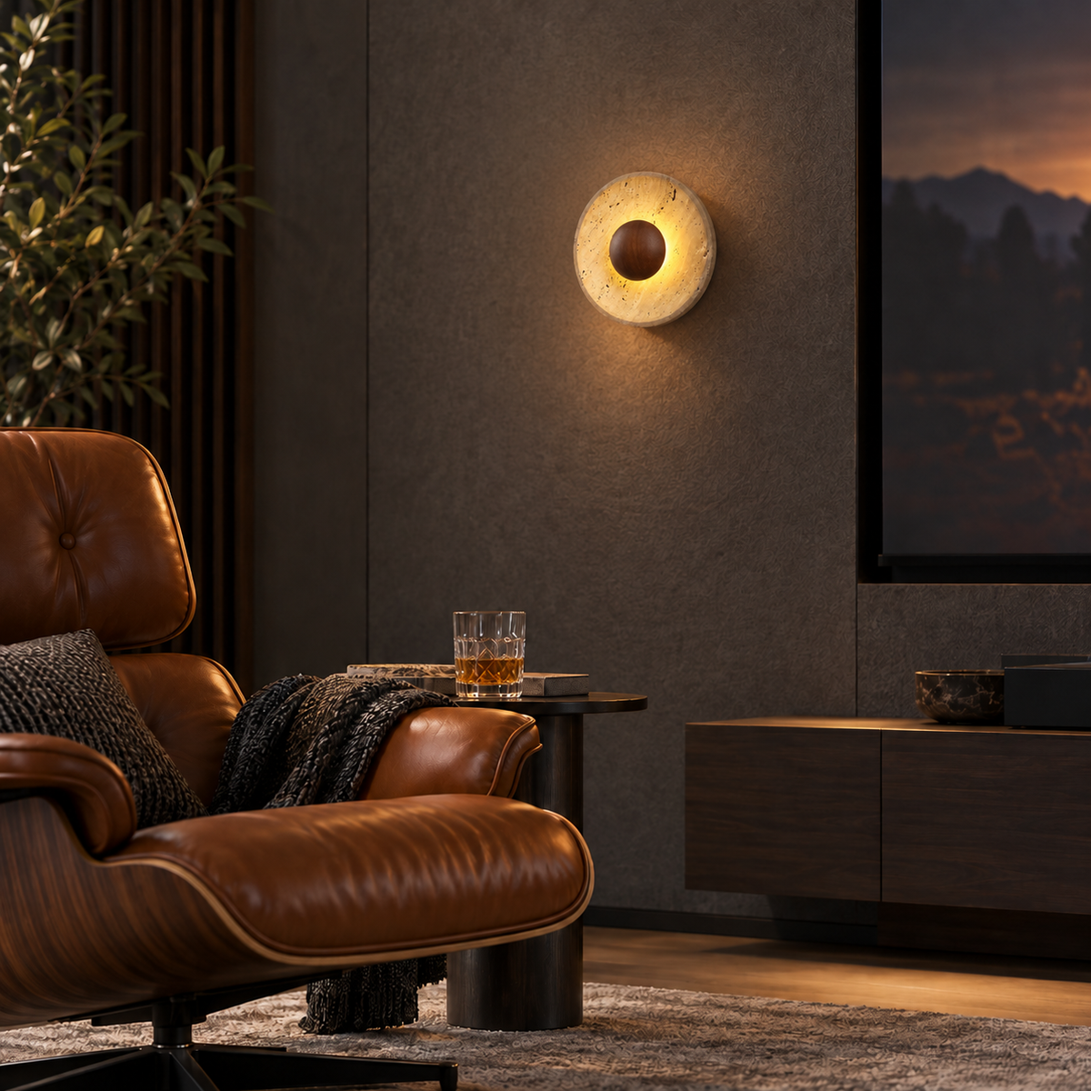 KOYAMA HAMATONBETSU travertine wall light — scene-a with corrected installation scale