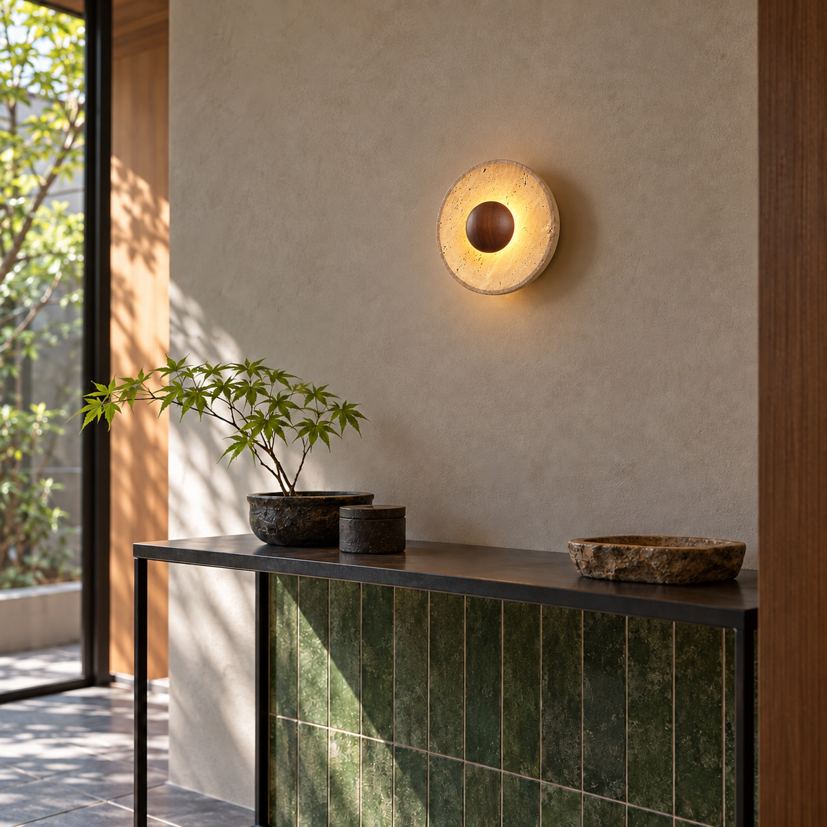 KOYAMA HAMATONBETSU travertine wall light — scene-b with corrected installation scale