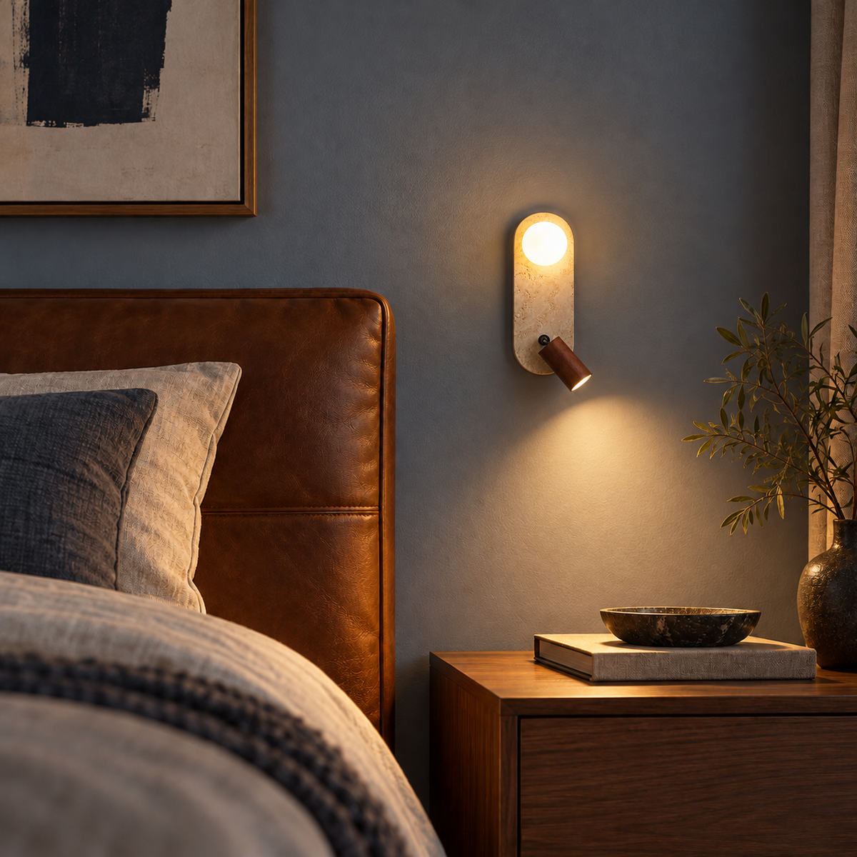 KOYAMA HONBETSU travertine wall light — scene-a with corrected installation scale
