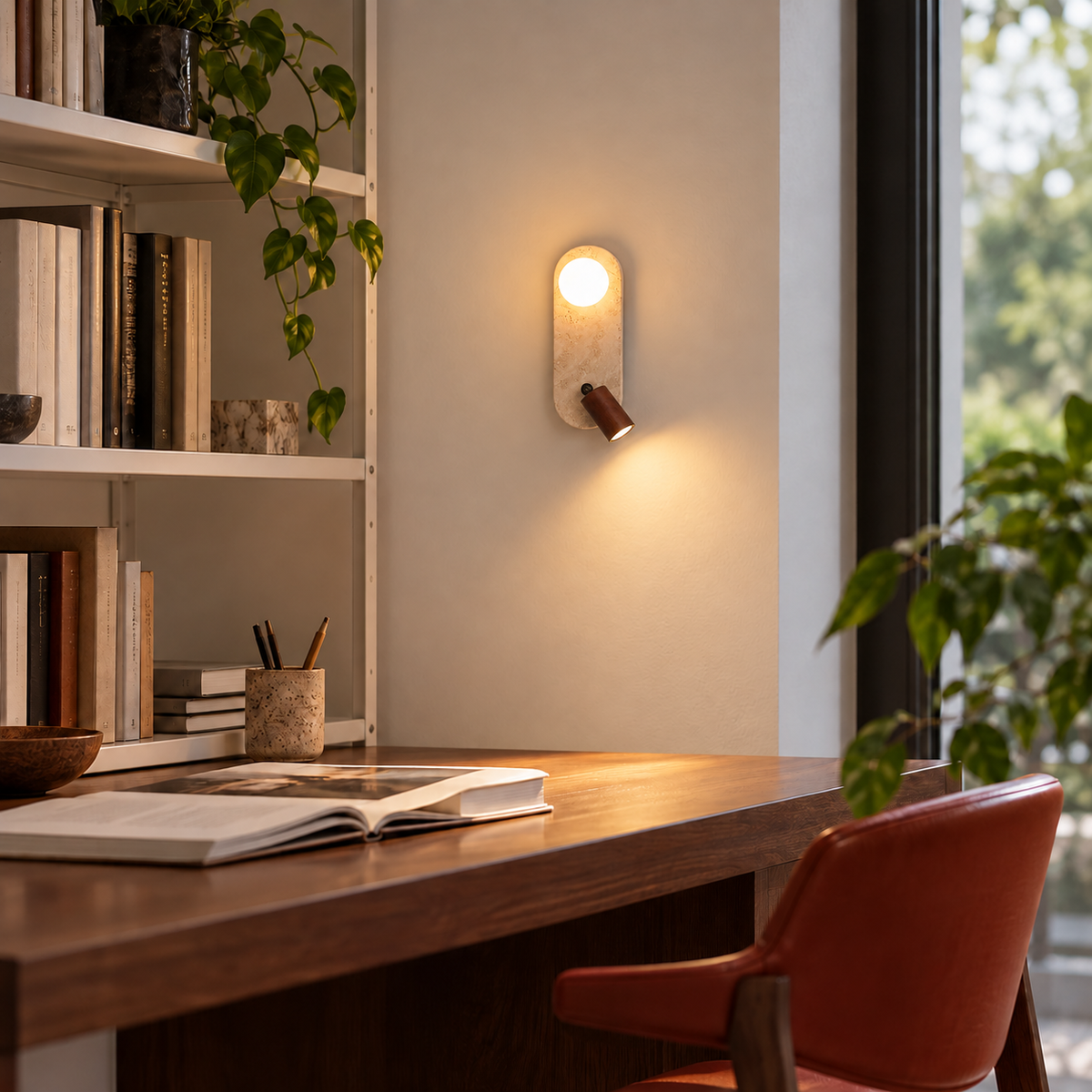 KOYAMA HONBETSU travertine wall light — scene-b with corrected installation scale