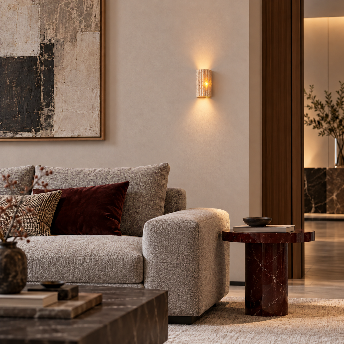 KOYAMA HOROKANAI travertine wall light — scene-a with corrected installation scale