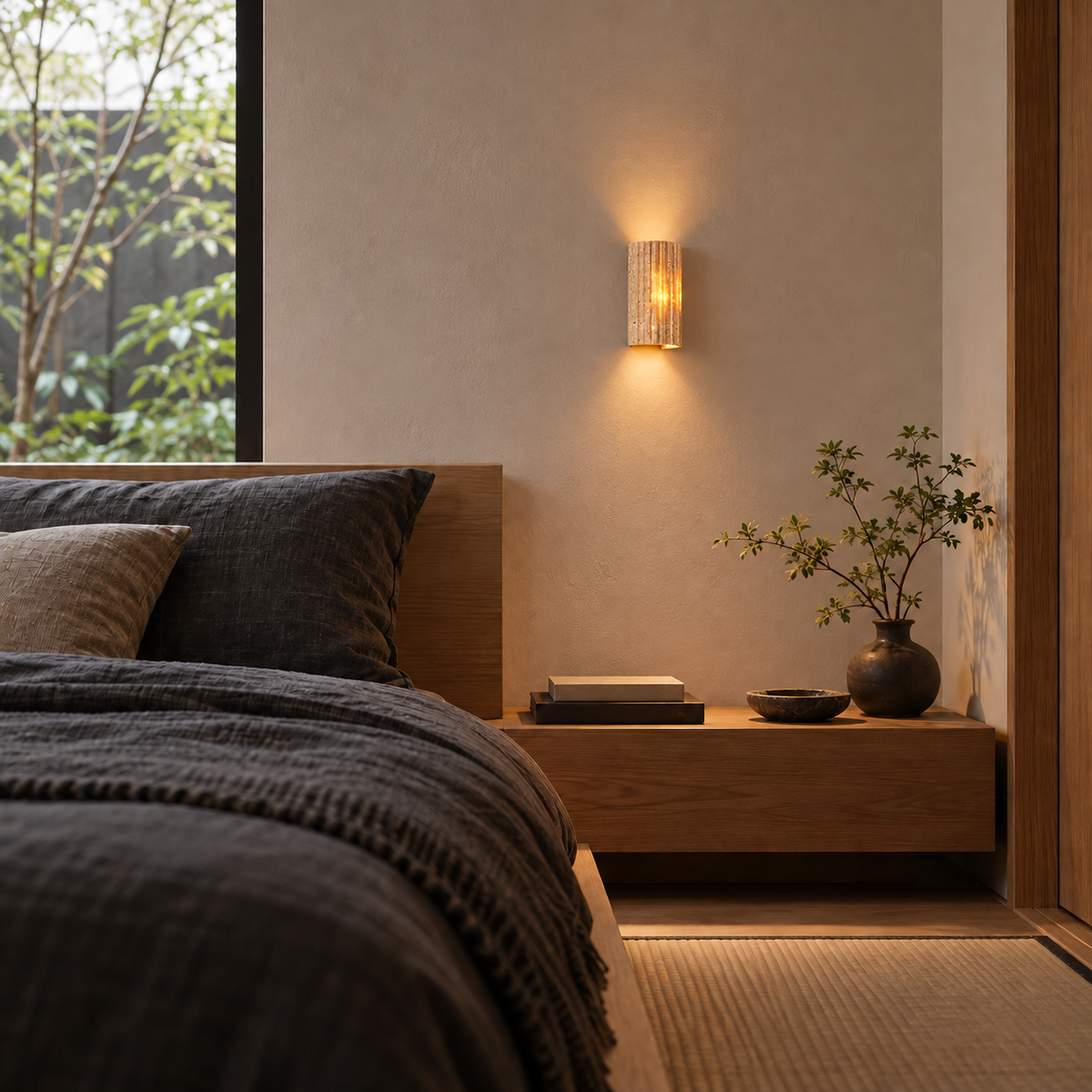 KOYAMA HOROKANAI travertine wall light — scene-b with corrected installation scale
