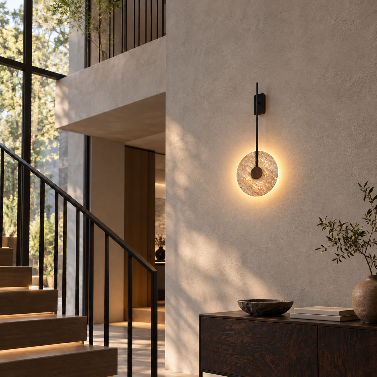 KOYAMA HORONOBE travertine wall light — scene-a with corrected installation scale