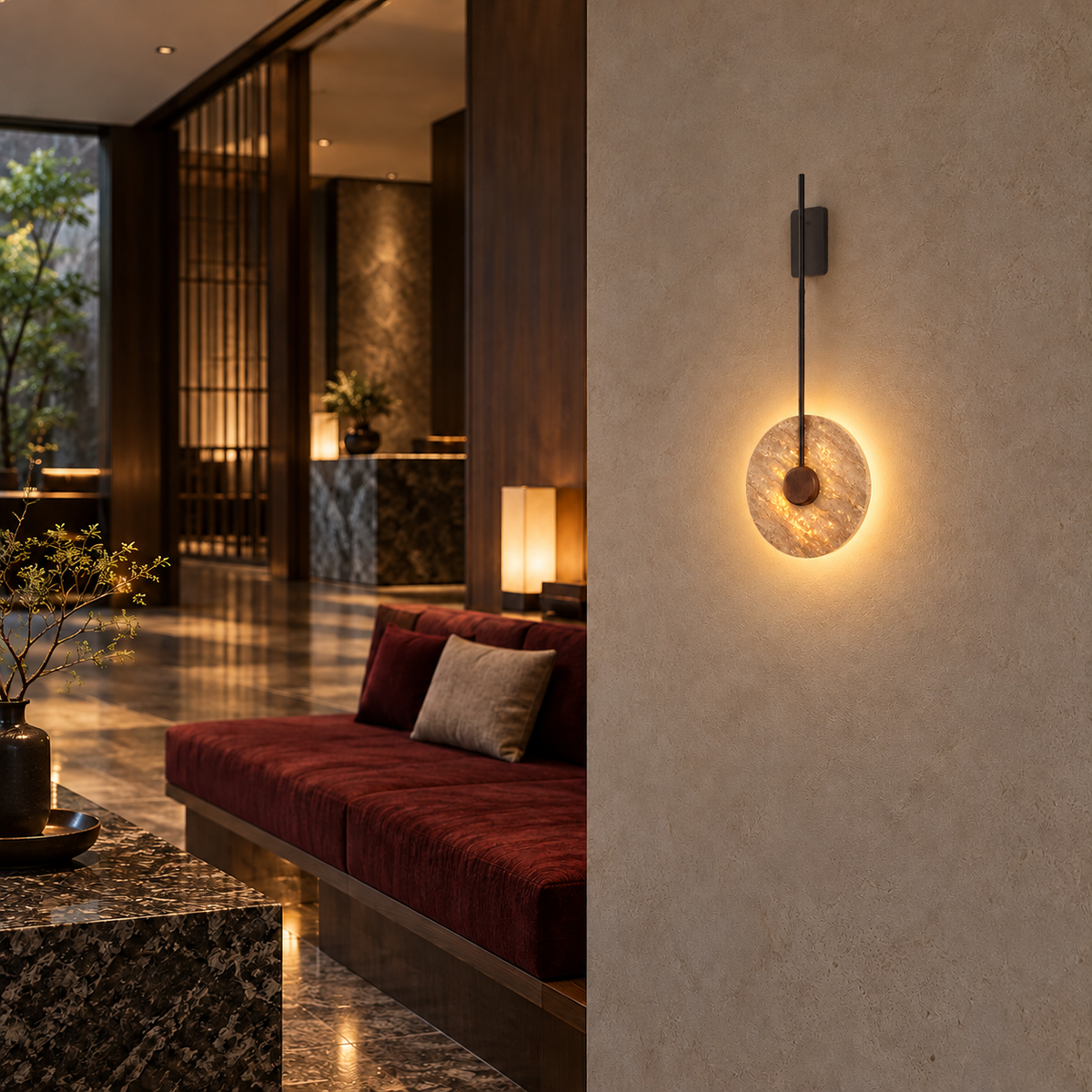 KOYAMA HORONOBE travertine wall light — scene-b with corrected installation scale