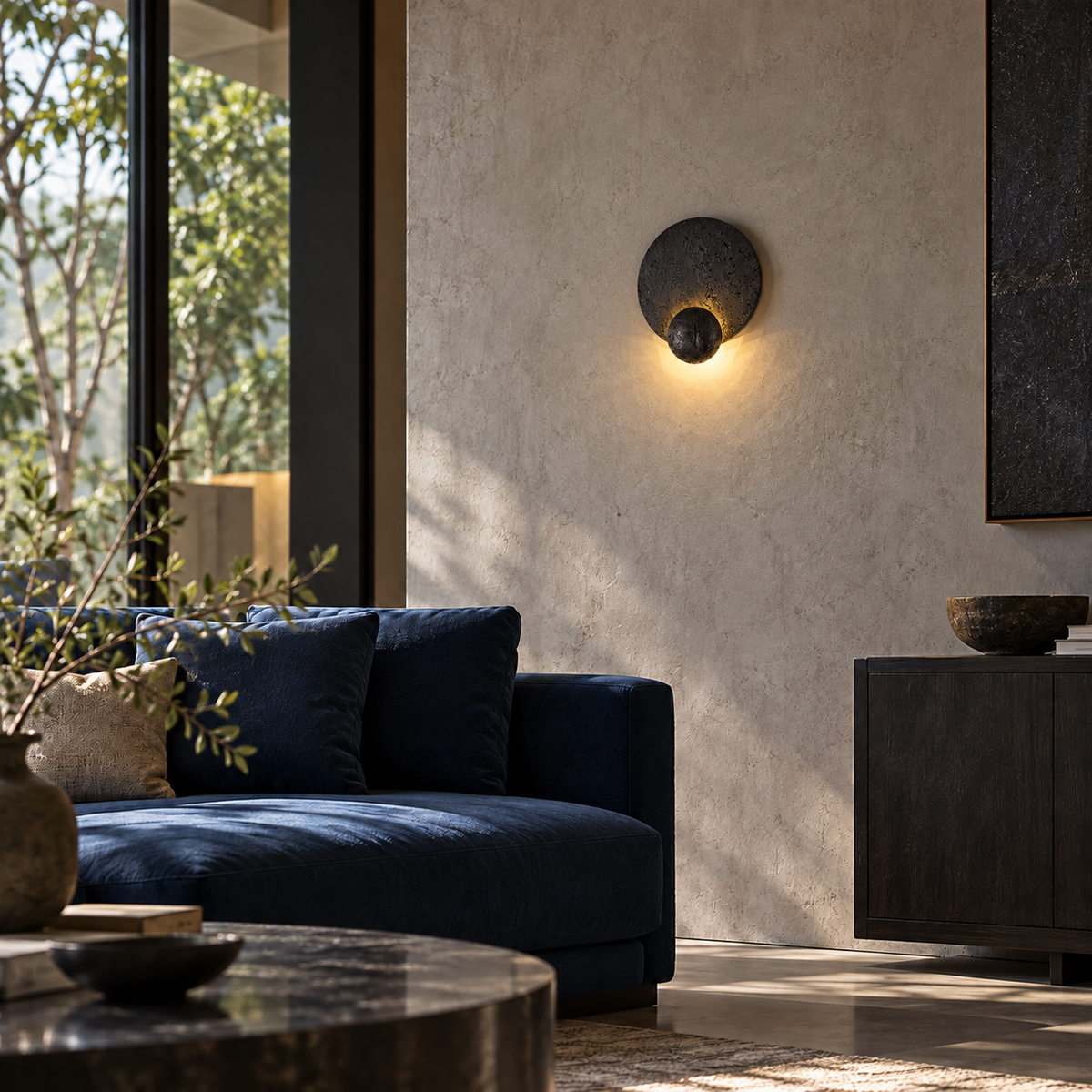 KOYAMA IWAMIZAWA travertine wall light — scene-a with corrected installation scale