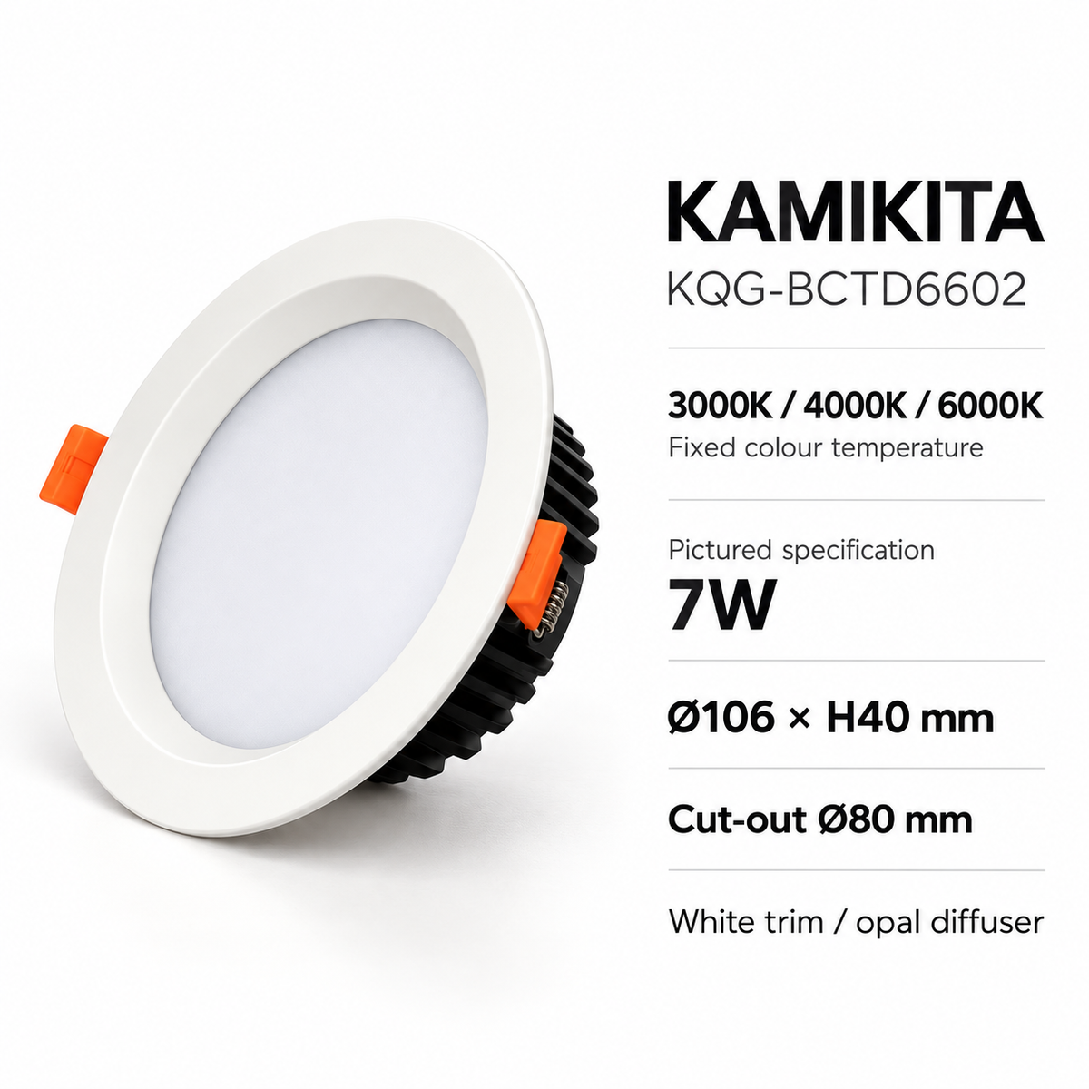 KOYAMA KAMIKITA - representative dimensions, cut-out and fixed colour temperature options