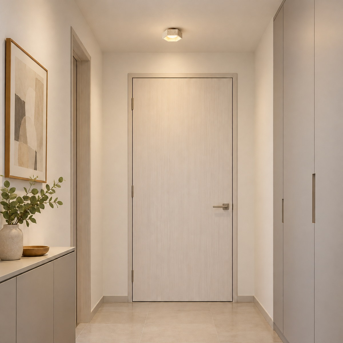 KITAMI realistic installation illustration with neutral contemporary interior and scaled ceiling fixture