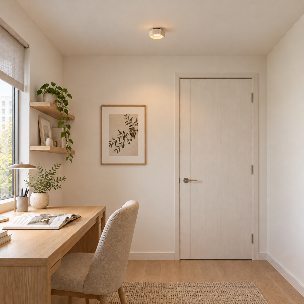 KITAMI realistic installation illustration with neutral contemporary interior and scaled ceiling fixture