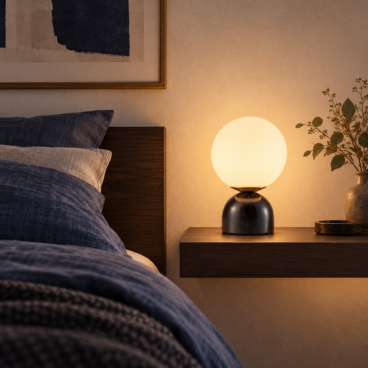 KOYAMA KOMORO KBCT021 compact glass globe marble table lamp - scene-bedroom