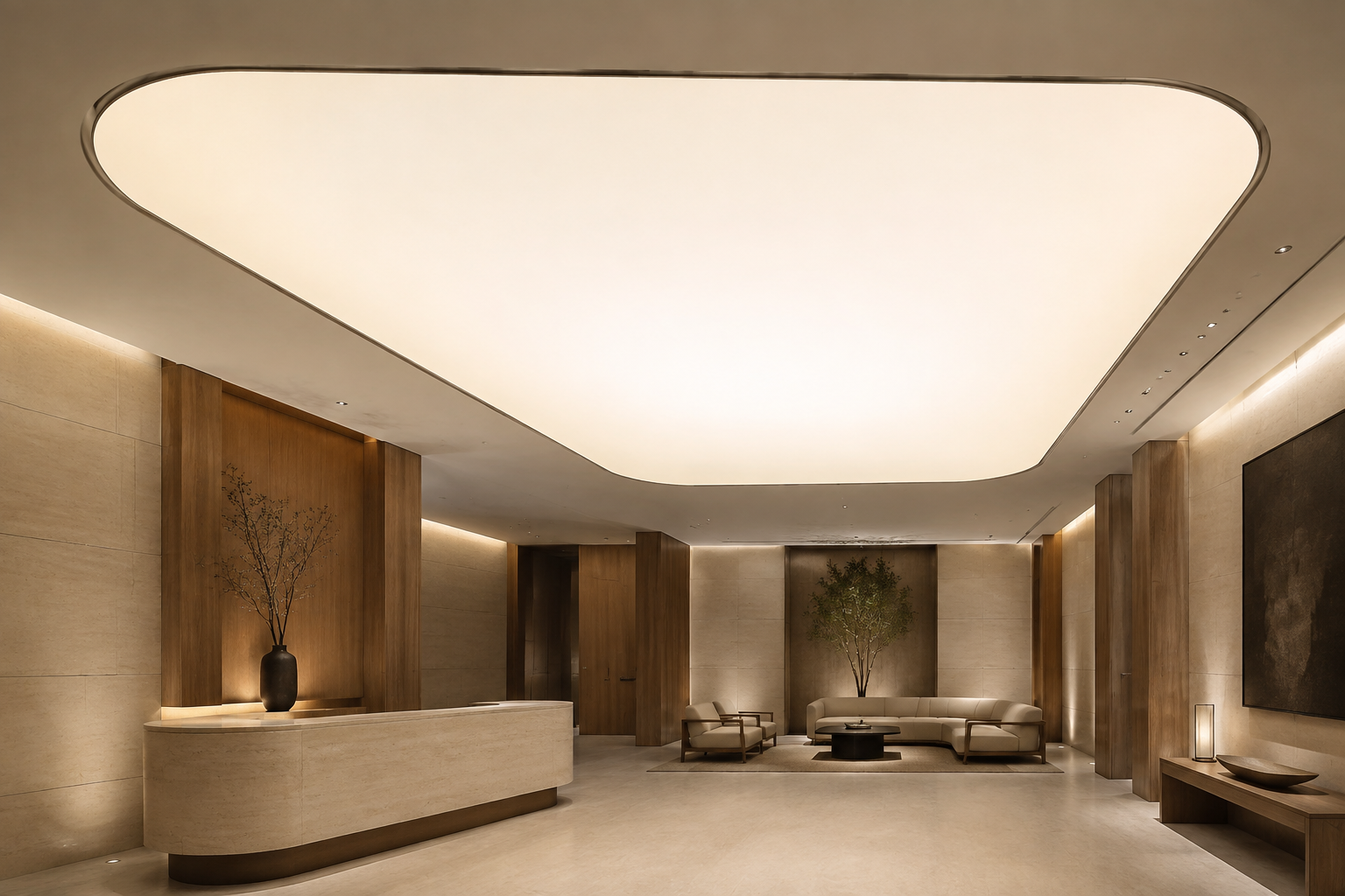 Concept of a bespoke luminous stretch ceiling in a refined reception lounge