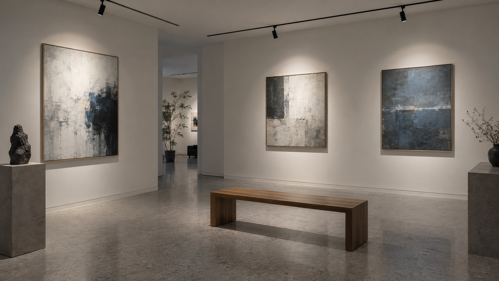 Three compact spotlights illuminating individual artworks in a gallery