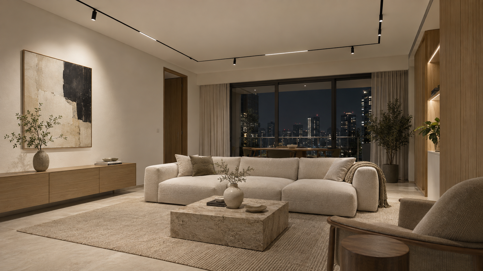Neutral white magnetic lighting in a Japanese-inspired living room