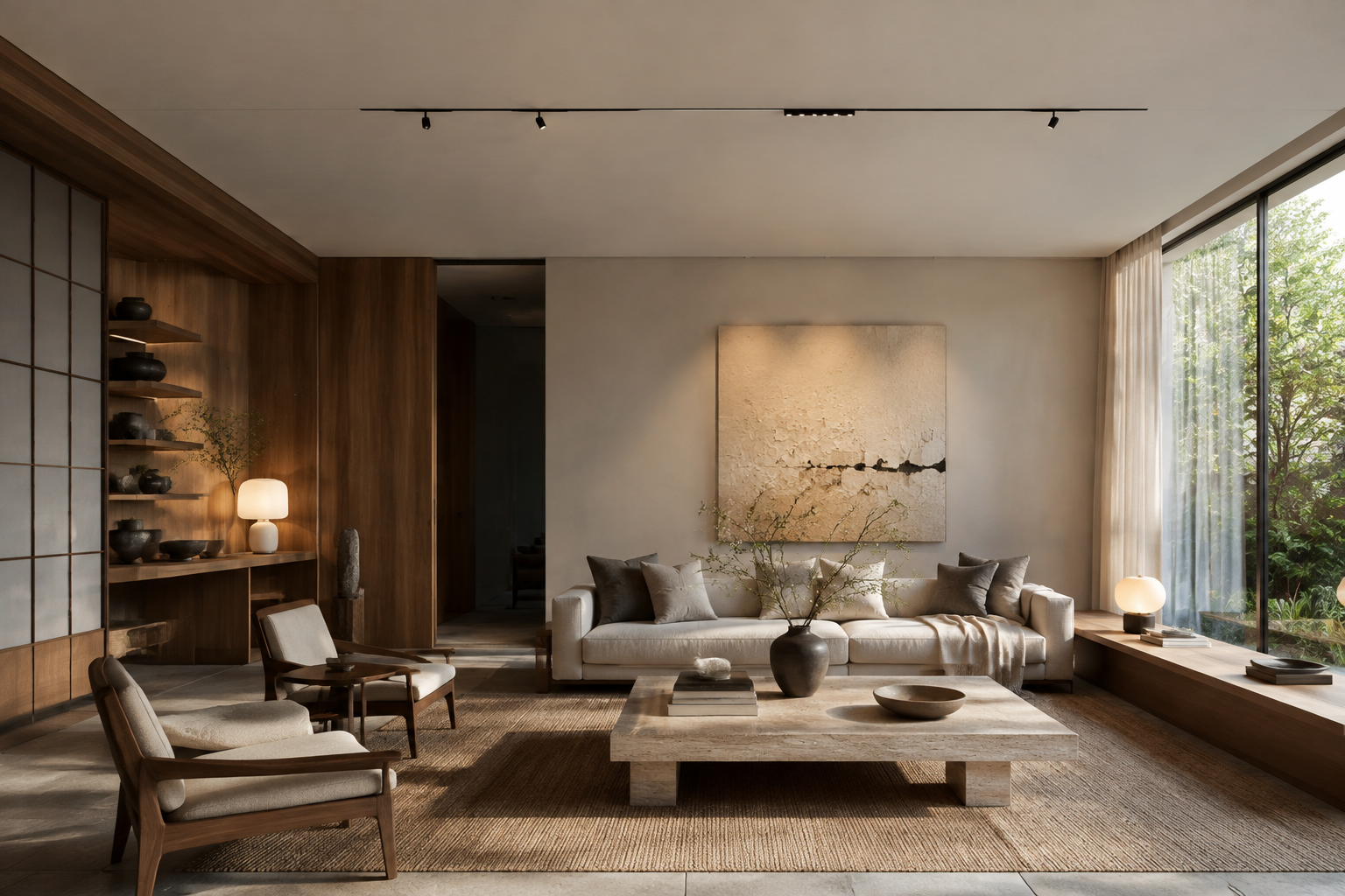 Ultra-slim magnetic lighting in a Japanese-inspired living room — concept visual