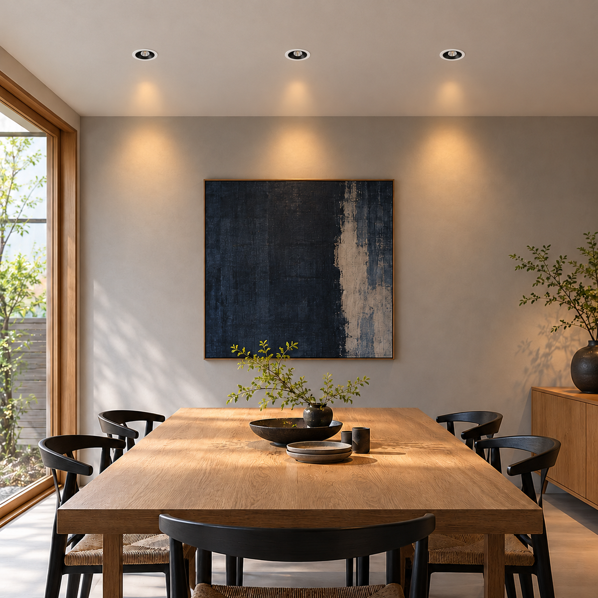 KOYAMA KUME spotlight installed in a dining room, compact ceiling scale with white trim and black baffle