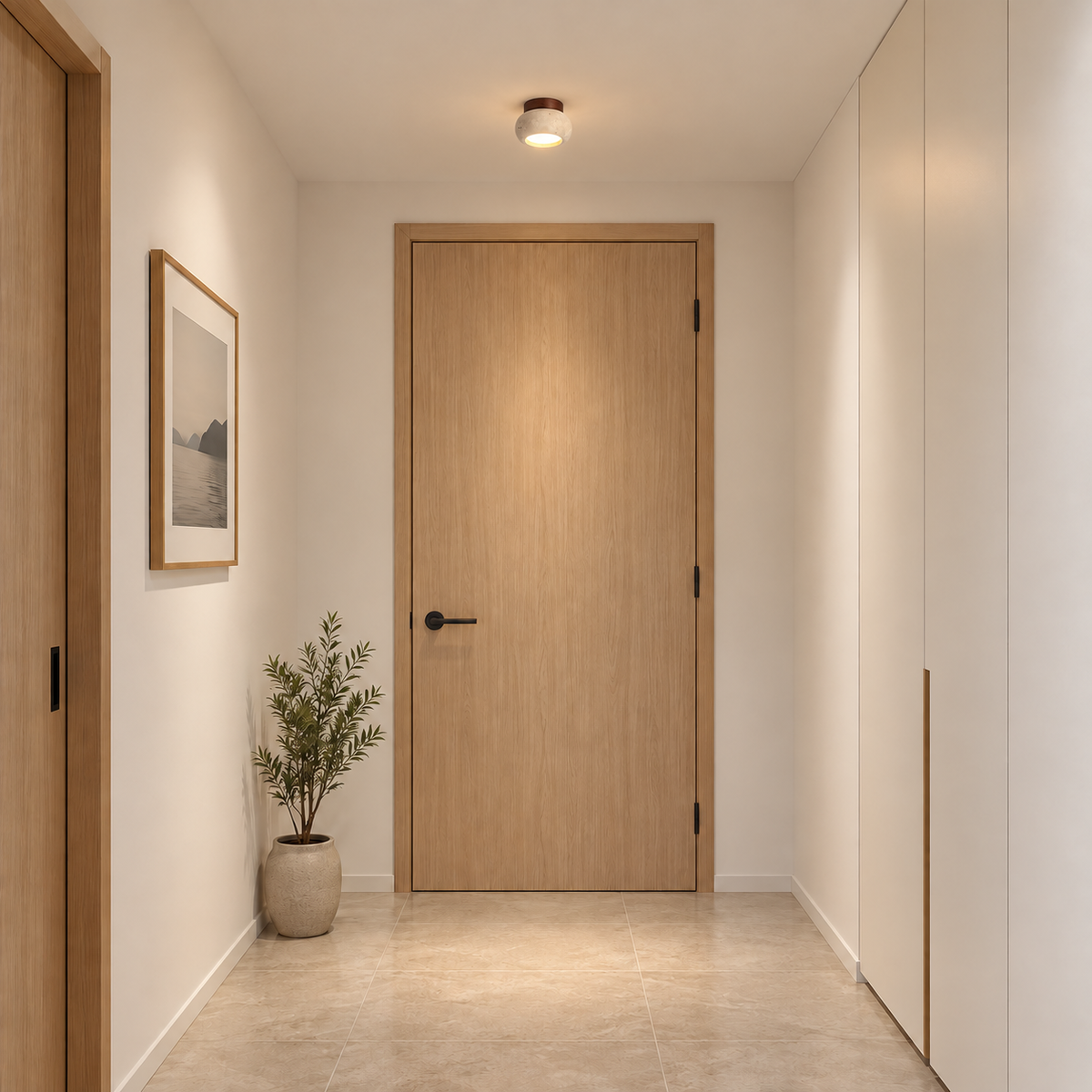 KUSHIRO realistic installation illustration with neutral contemporary interior and scaled ceiling fixture