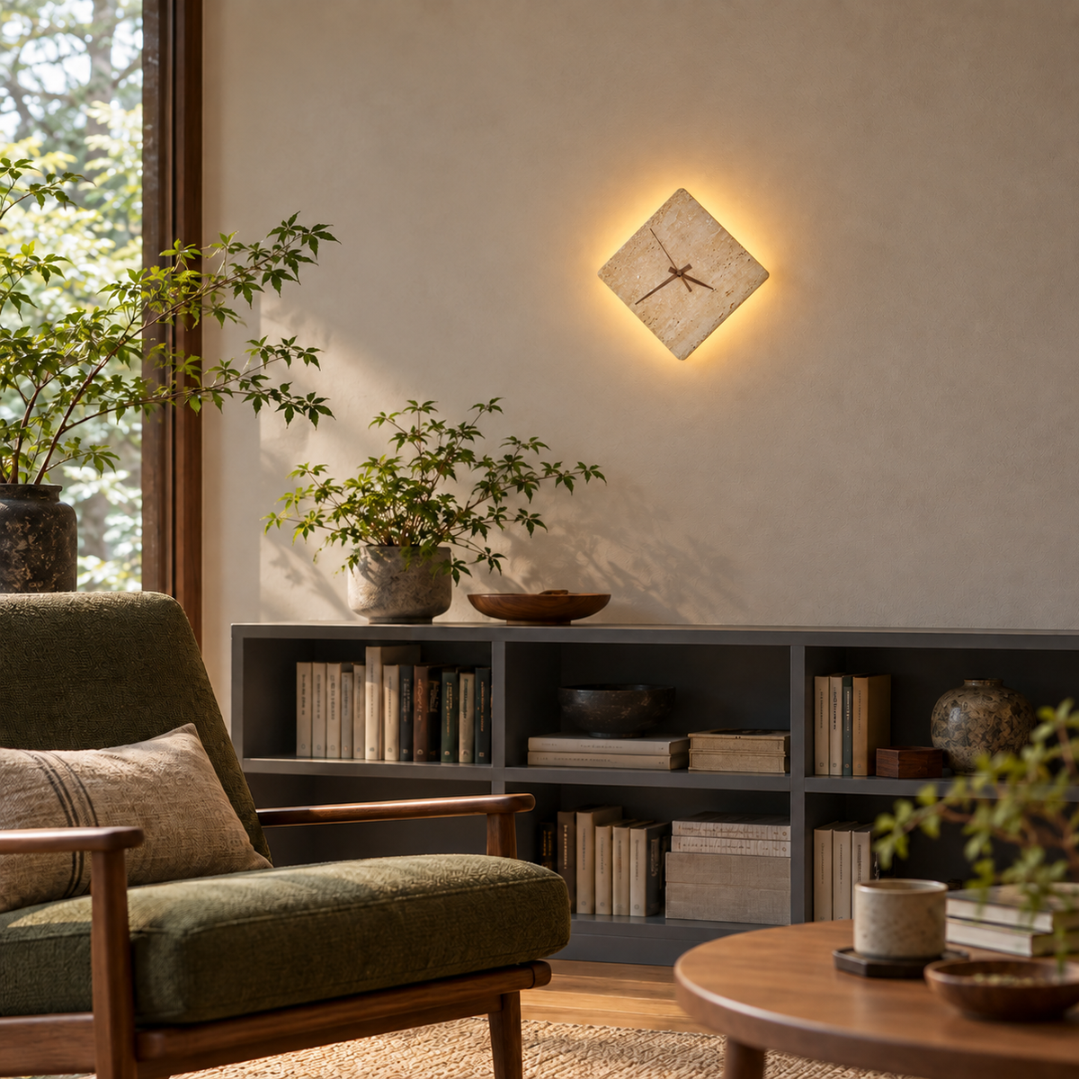 KOYAMA MIKASA travertine wall light — scene-b with corrected installation scale