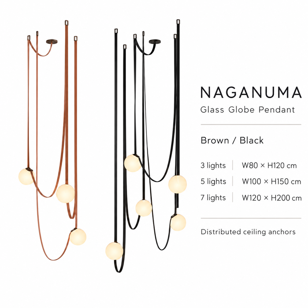 NAGANUMA glass globe pendant — brown and black finishes, 3-light, 5-light and 7-light dimensions
