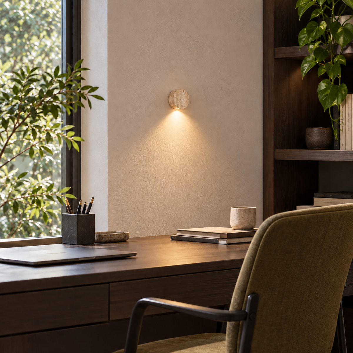 KOYAMA NAKAFURANO travertine wall light — scene-a with corrected installation scale