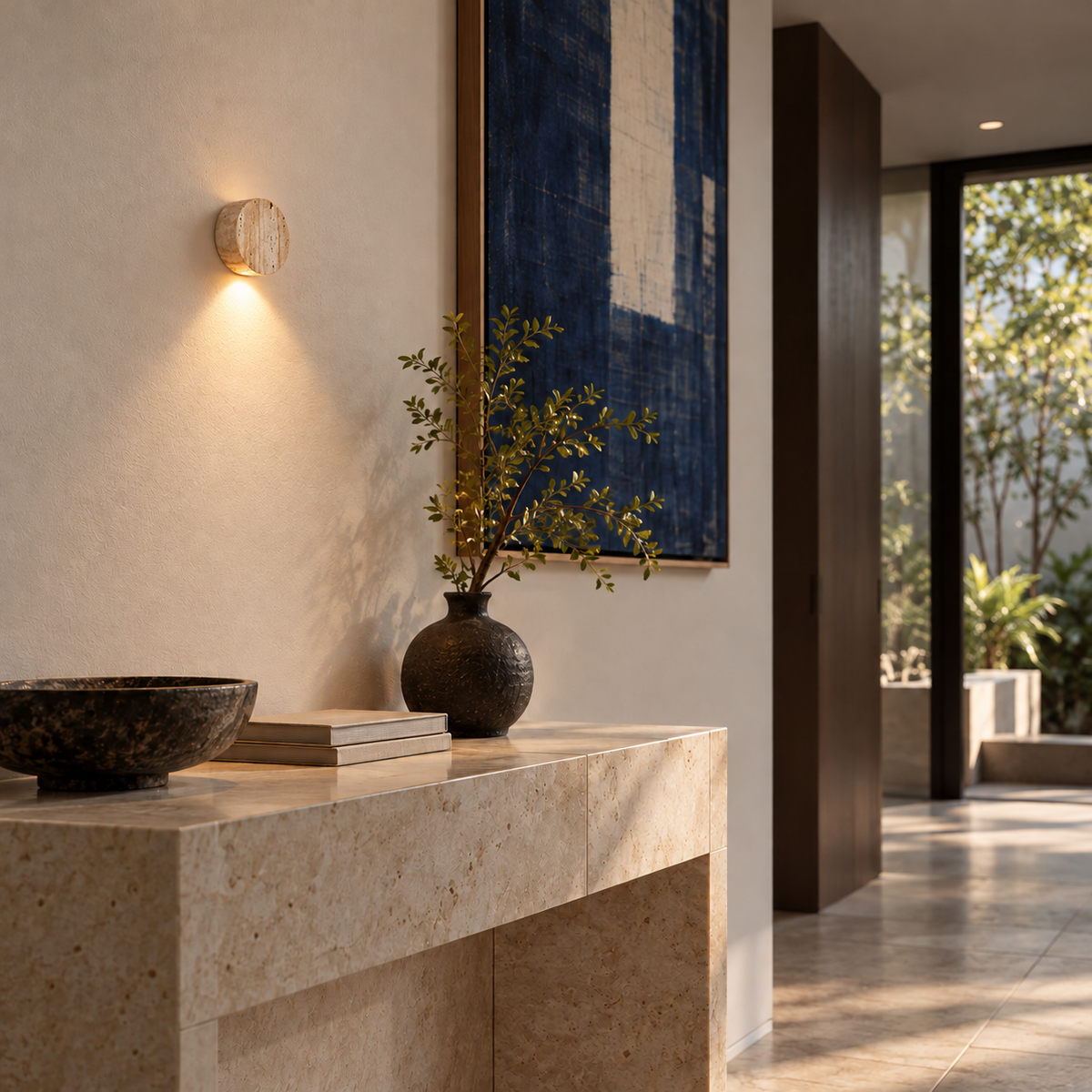KOYAMA NAKAFURANO travertine wall light — scene-b with corrected installation scale