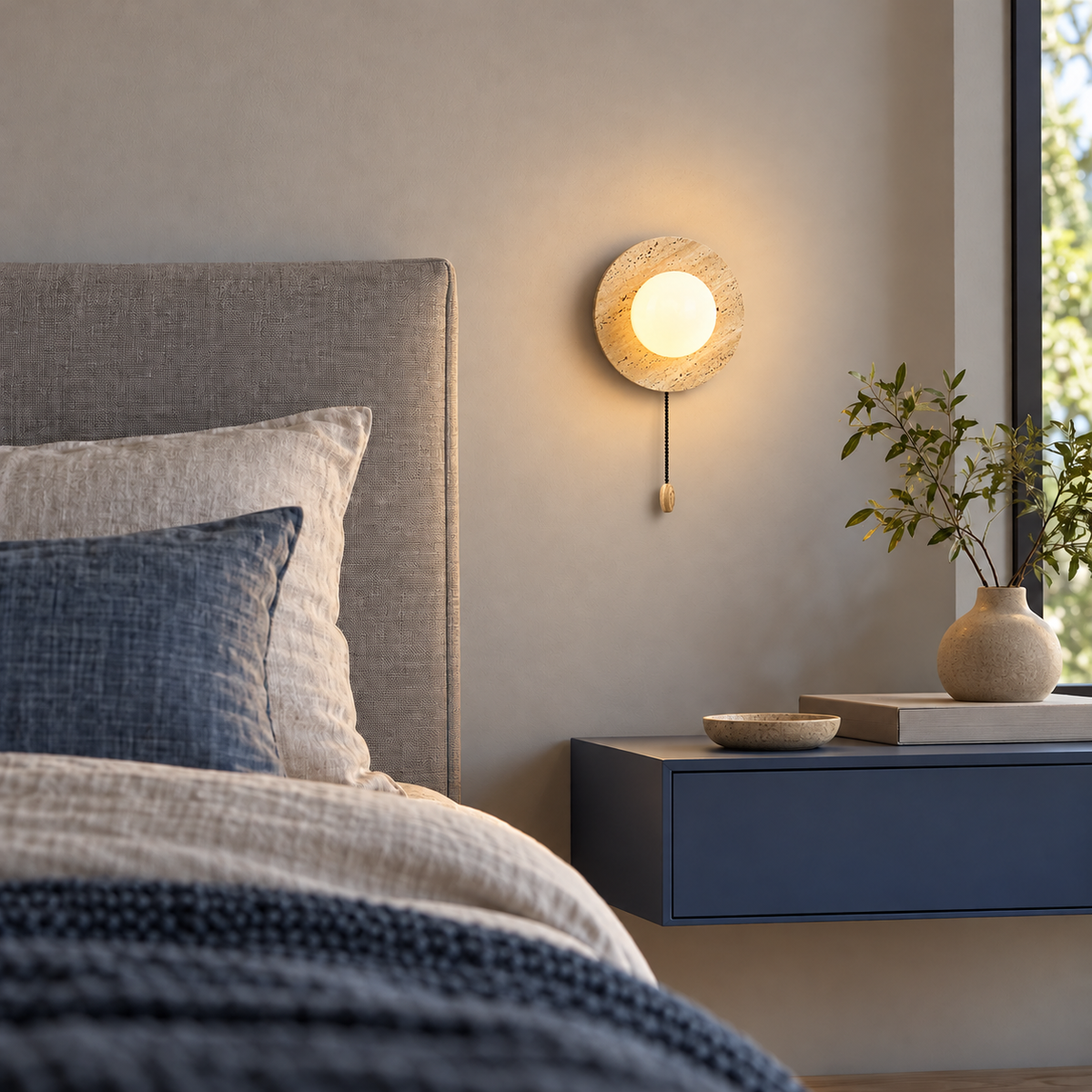 KOYAMA NAKASHIBETSU travertine wall light — scene-a with corrected installation scale