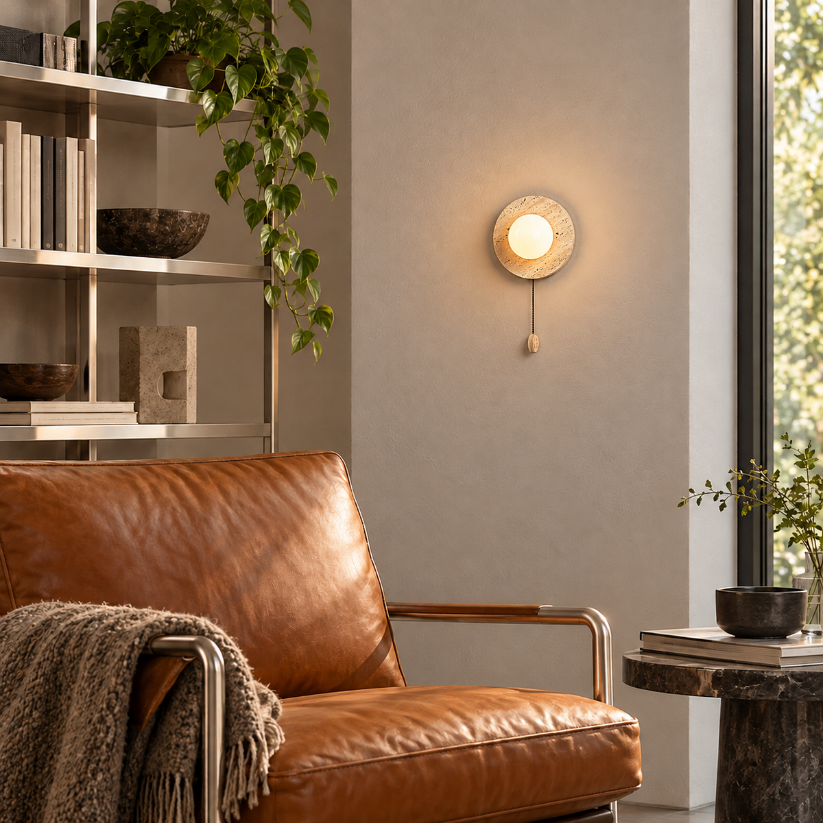 KOYAMA NAKASHIBETSU travertine wall light — scene-b with corrected installation scale