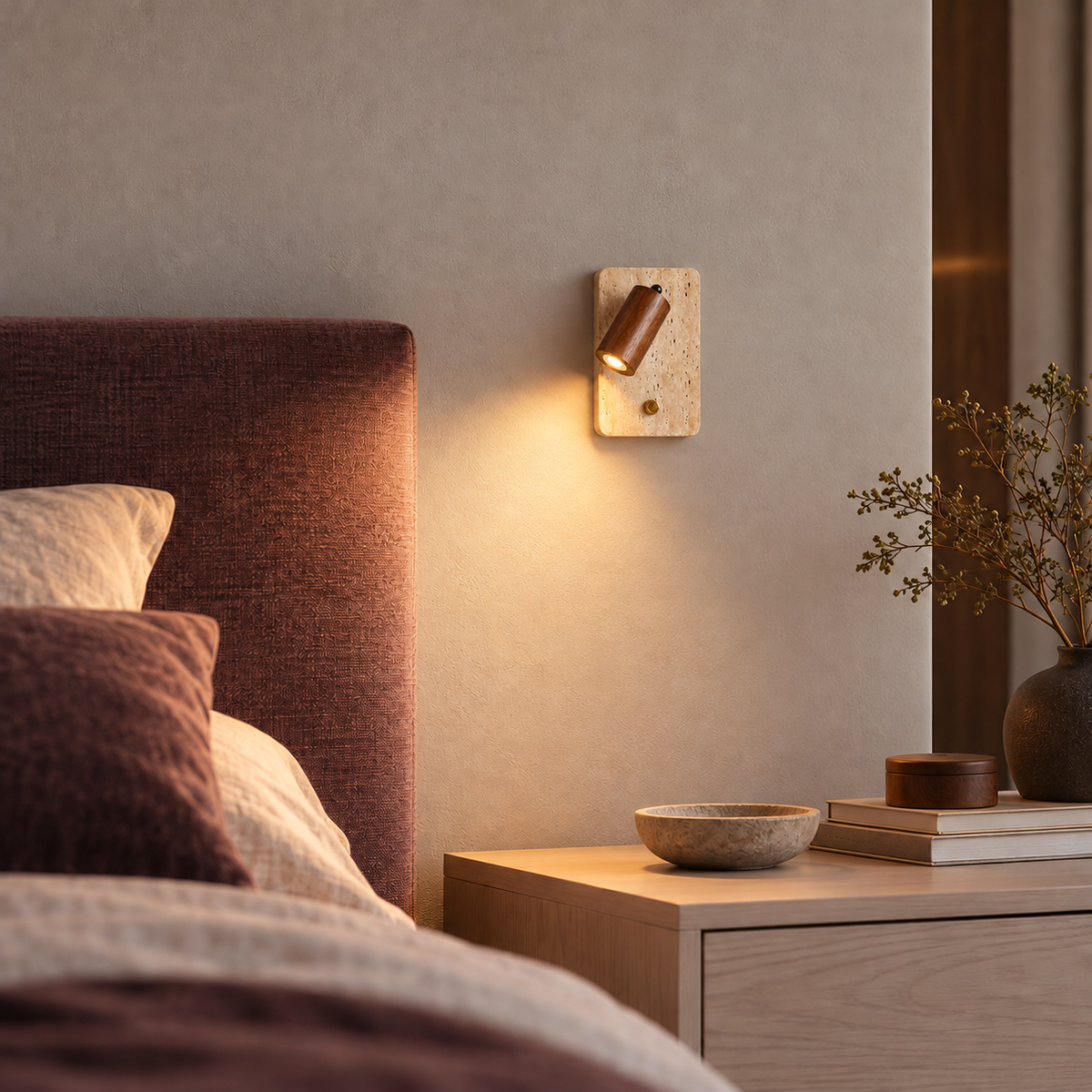 KOYAMA NAKATONBETSU travertine wall light — scene-a with corrected installation scale