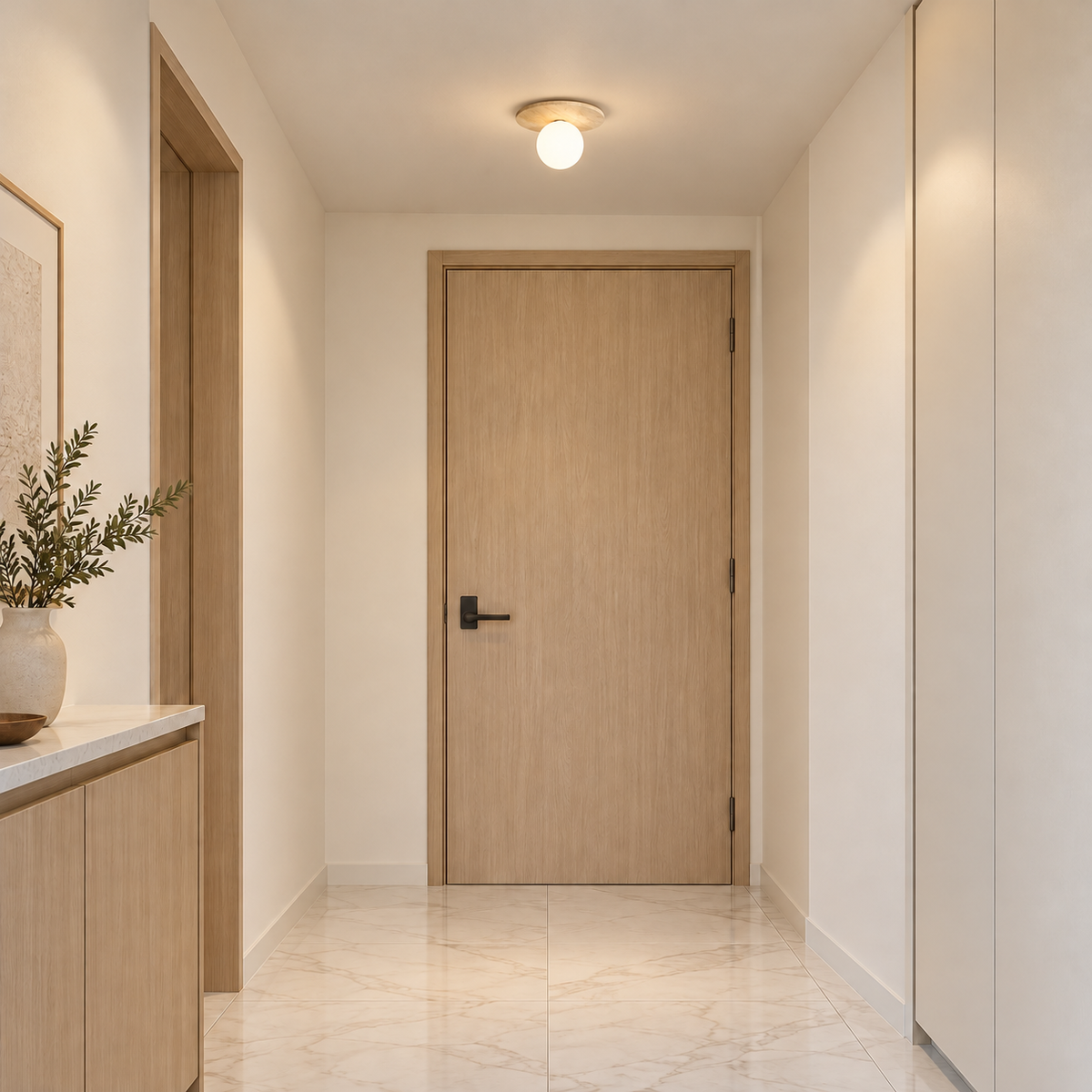 NISEKO realistic installation illustration with neutral contemporary walls and actual-size ceiling fixture