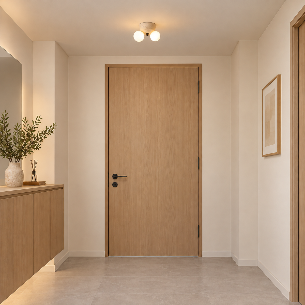 OBIHIRO realistic installation illustration with neutral contemporary interior and scaled ceiling fixture