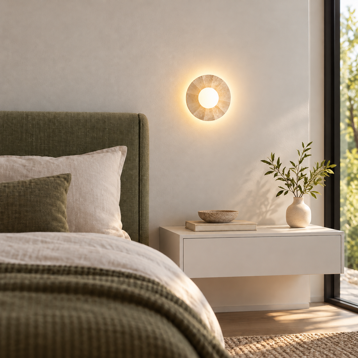 KOYAMA OKETO travertine wall light — scene-a with corrected installation scale