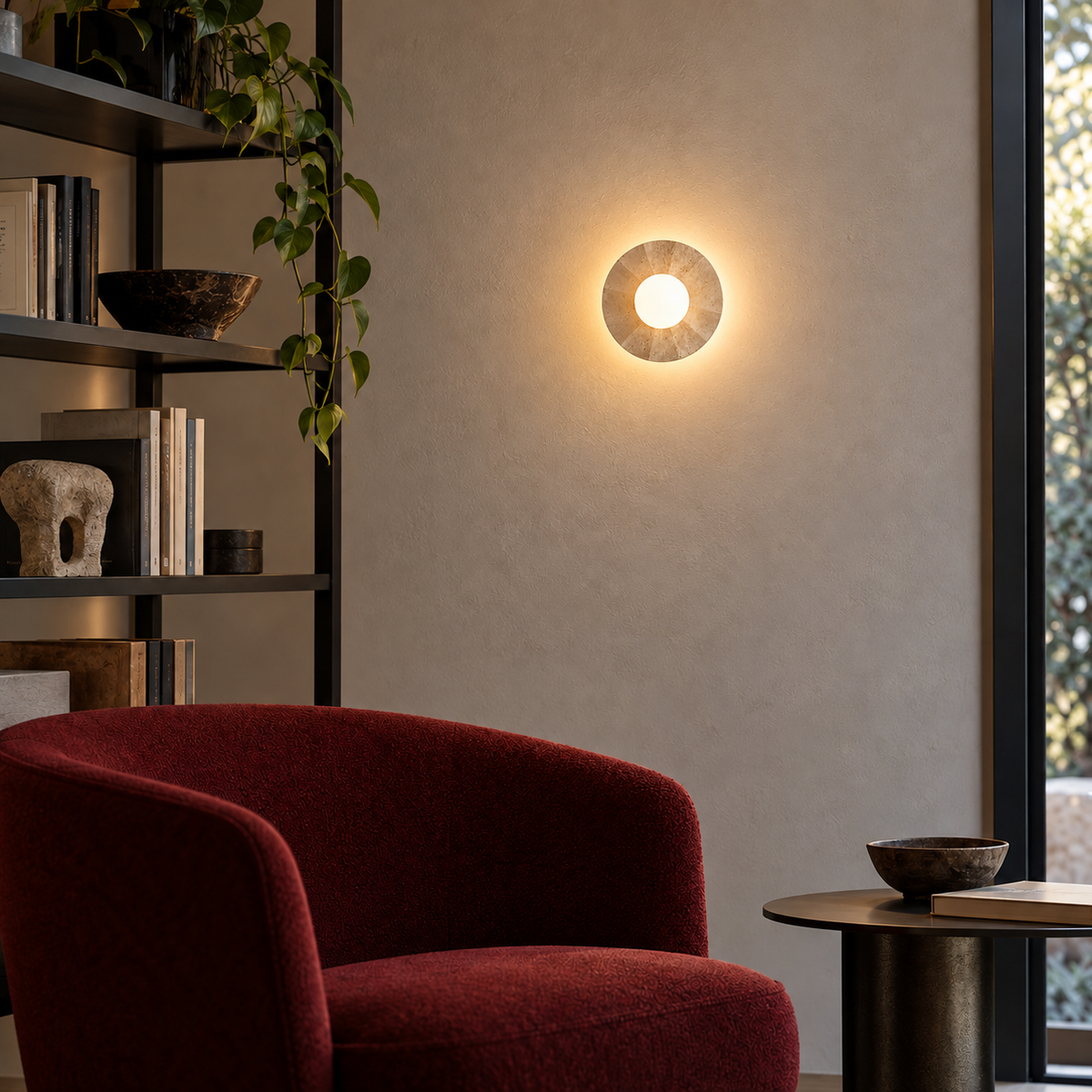 KOYAMA OKETO travertine wall light — scene-b with corrected installation scale