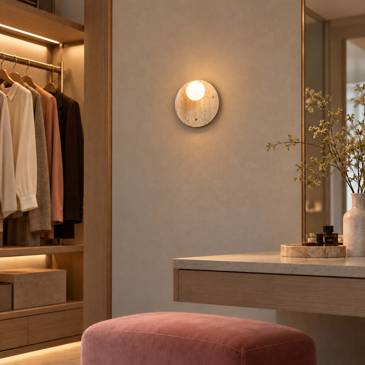 KOYAMA REBUN travertine wall light — scene-a with corrected installation scale