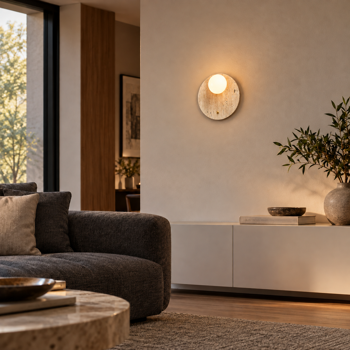 KOYAMA REBUN travertine wall light — scene-b with corrected installation scale