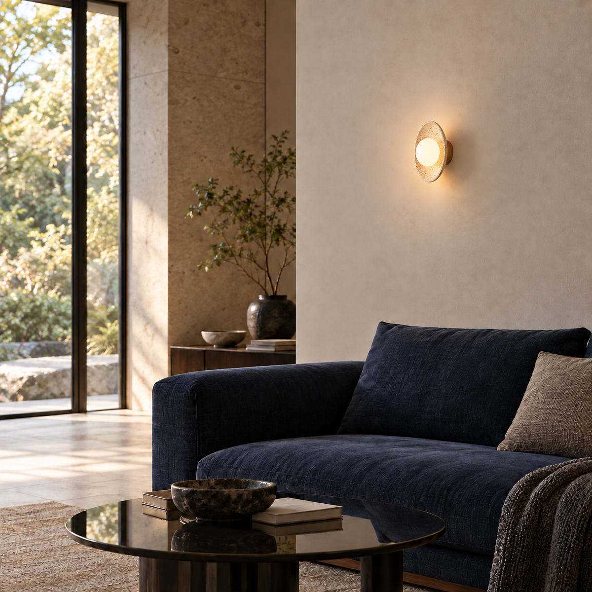 KOYAMA RIKUBETSU travertine wall light — scene-a with corrected installation scale