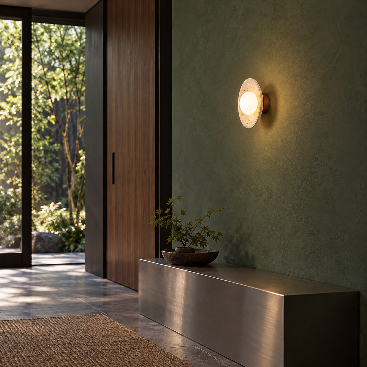 KOYAMA RIKUBETSU travertine wall light — scene-b with corrected installation scale