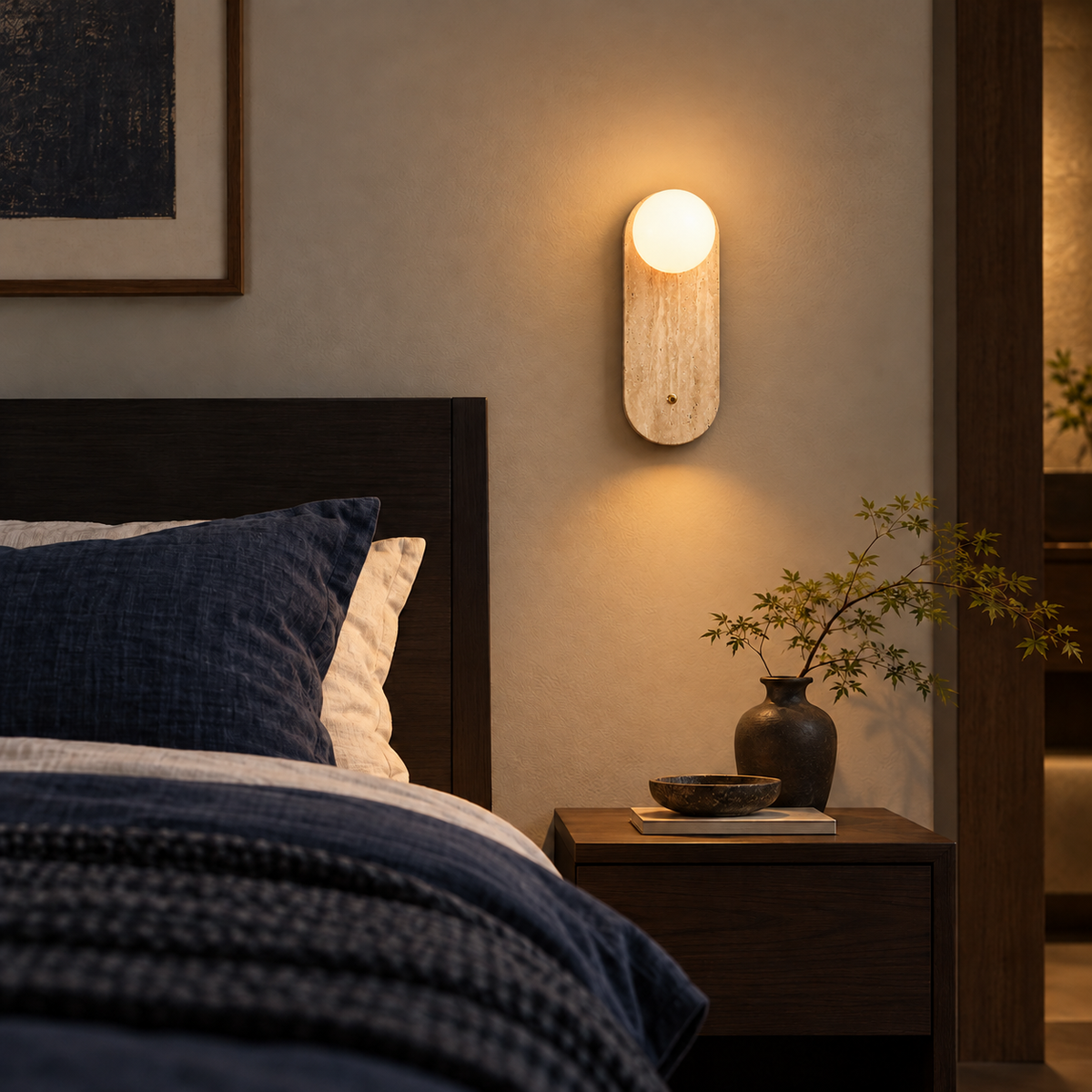 KOYAMA RISHIRI travertine wall light — scene-a with corrected installation scale